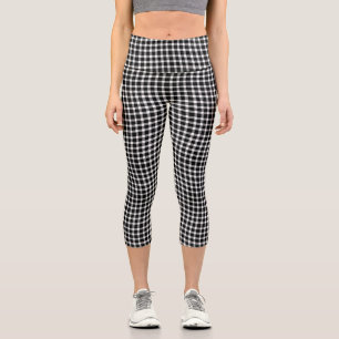 Leggings Capri Patrón continuo de cuadros escoceses en blanco y n