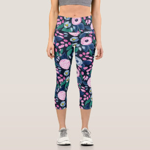 Leggings Capri Patrón de acuarela de color azul floral de la mari
