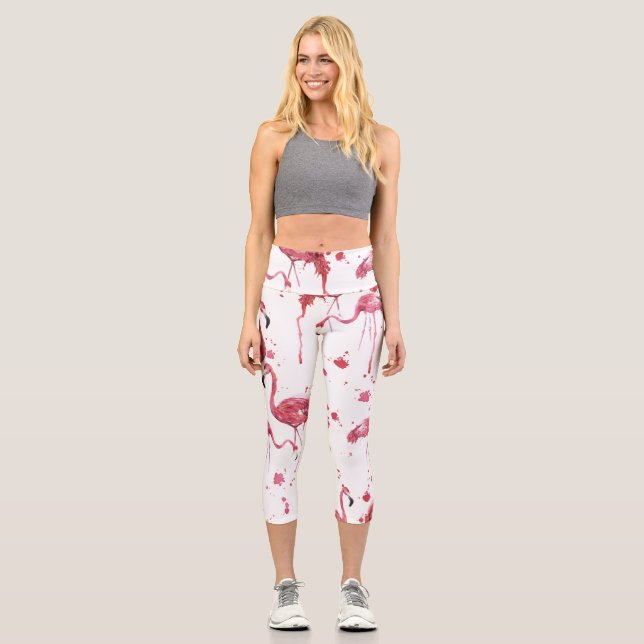 Leggings Capri Patrón de acuarela de flamenco, diseño vibrante. (Anverso)