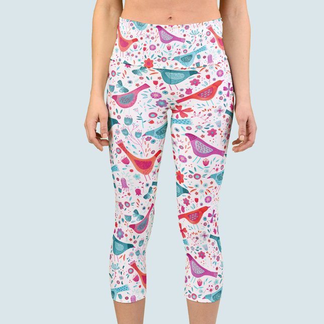 Leggings Capri Patrón de acuarela de pájaro (Watercolor bird and flower leggings)