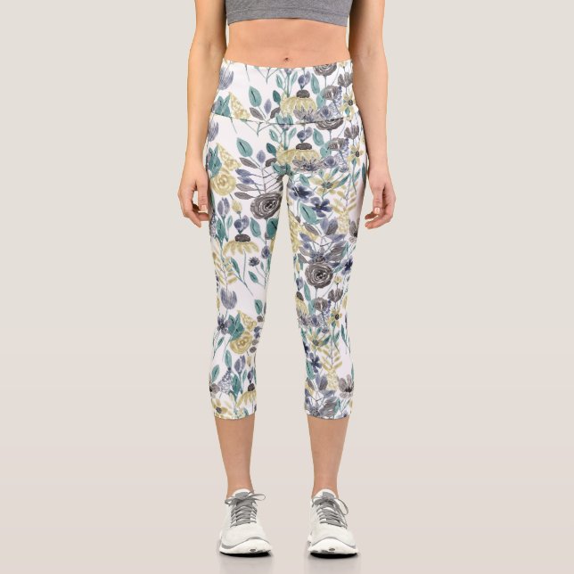 Leggings Capri Patrón de acuarela floral amarillo gris moderno (Anverso)