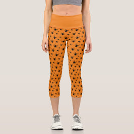 Leggings Capri Patrón de arañas de Halloween Negro y Naranja