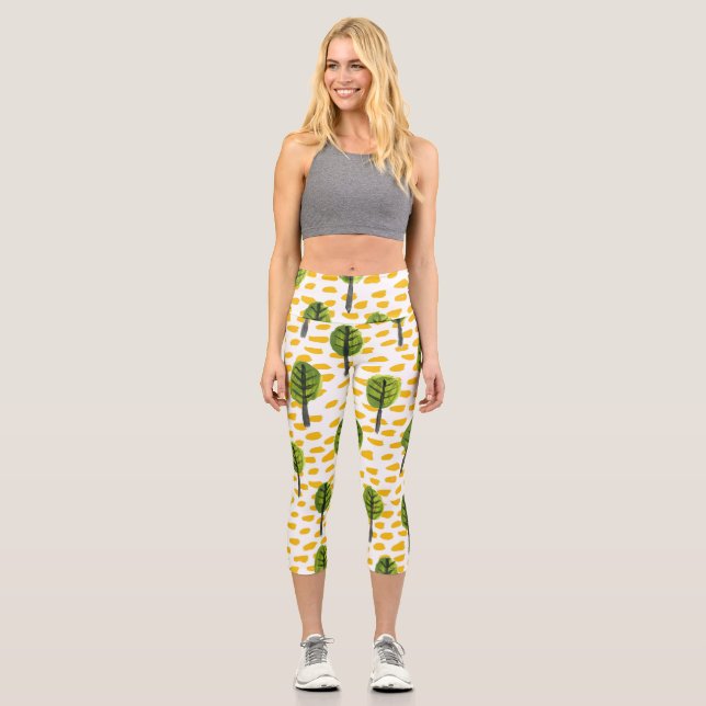 Leggings Capri Patrón de árbol negro verde Naive (Anverso)