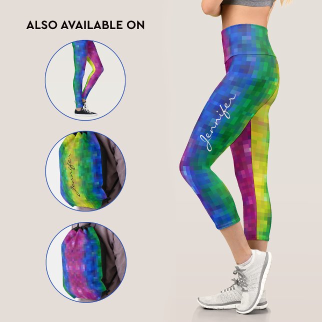 Leggings Capri Patrón de arte de píxeles de arcoíris de gradiente (Subido por el creador)