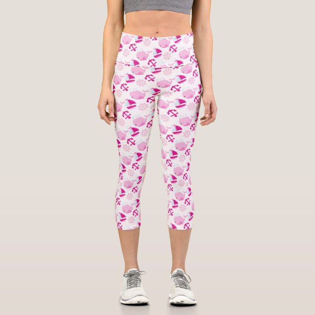 Leggings Capri Patrón de ballenas, ballenas ricas, ballenas rosad (Anverso)
