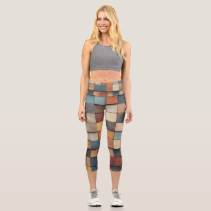 Leggings Capri Patrón de bloques de madera rústicos y coloridos