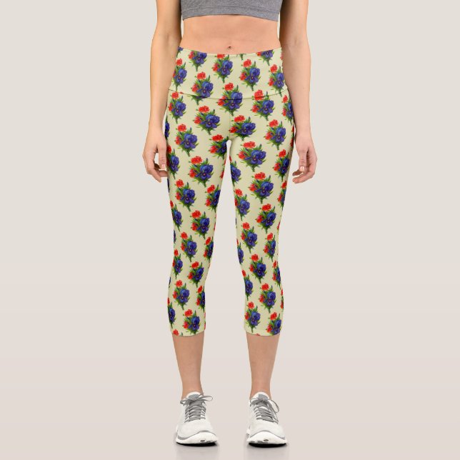 Leggings Capri Patrón de Bouquet de flores Iris azul de arte vint (Anverso)