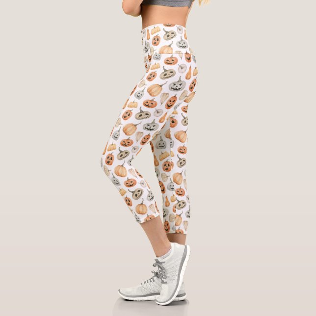 Leggings Capri Patrón de calabaza de acuarela divertida (Izquierda)
