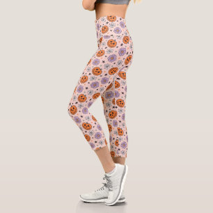 Leggings Capri Patrón de calabazas y flores divertidas de Hallowe