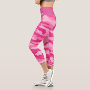 Leggings Capri Patrón de camuflaje rosa de nombre personalizado