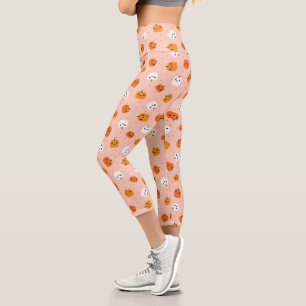 Leggings Capri Patrón de caras de calabaza kawaii