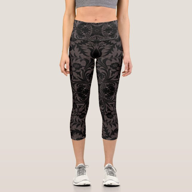 Leggings Capri Patrón de carbón negro sin costuras de Wm Morris V (Anverso)