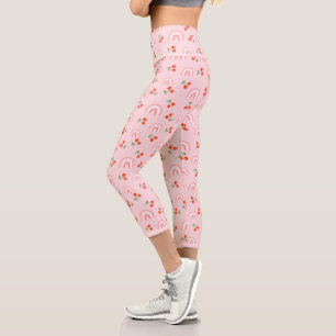 Leggings Capri Patrón de cerezas de arcoiris rosa