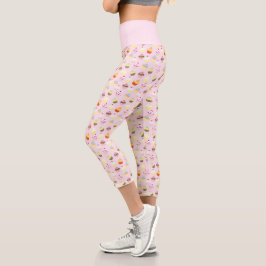 Leggings Capri Patrón de comida de magdalena rosa linda