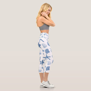 Leggings Capri Patrón de conchas marinas de color azul