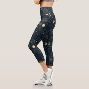 Leggings Capri Patrón de constelación de estrella dorada azul de