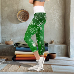Leggings Capri Patrón de copos de nieve verdes Fiesta Vacaciones 