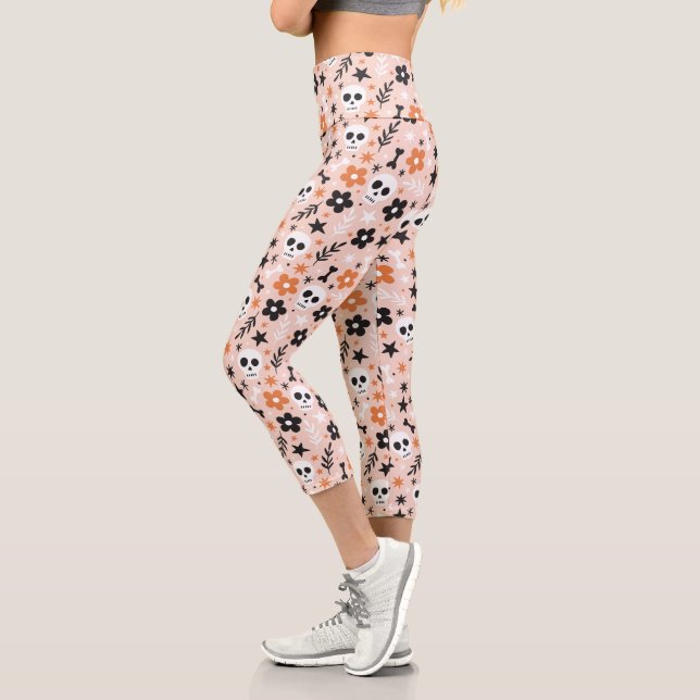 Leggings Capri Patrón de cráneo de flor (Izquierda)