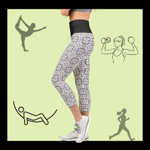 Leggings Capri Patrón de cuadrados geométricos en blanco y negro