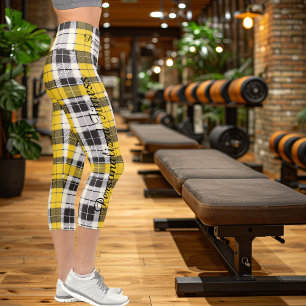 Leggings Capri Patrón de cuadros amarillos con acentos negros y b