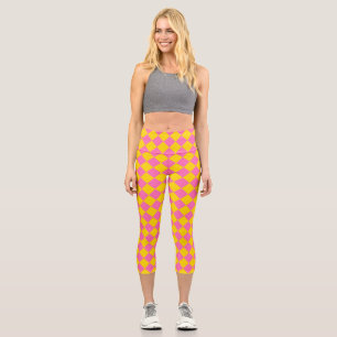 Leggings Capri Patrón de cuadros de diamante arlequín rosa amaril
