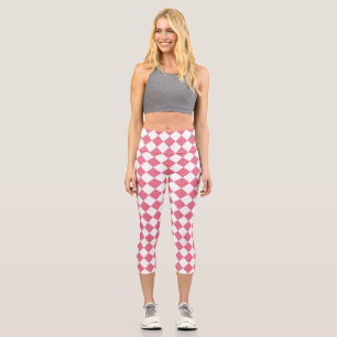 Leggings Capri Patrón de cuadros de diamante rosa blanco
