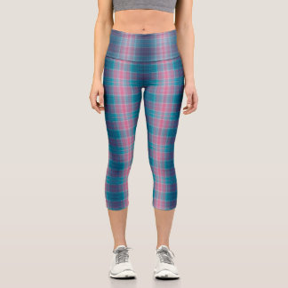 Leggings Capri Patrón de cuadros escoceses azul turquesa rosa