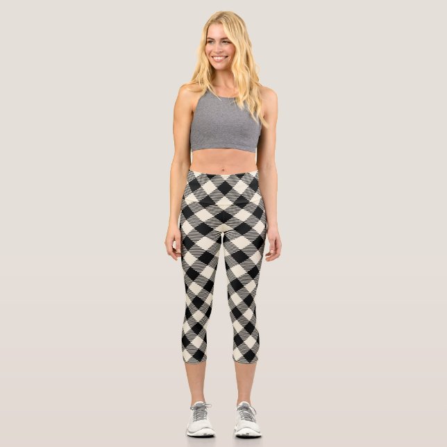 Leggings Capri Patrón de cuadros escoceses gingham diagonal negro (Anverso)