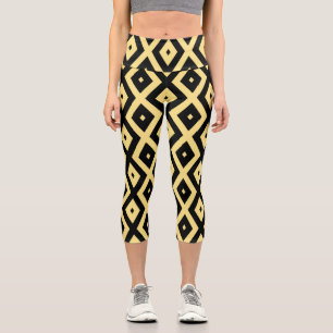 Leggings Capri Patrón de diamante amarillo limón y negro