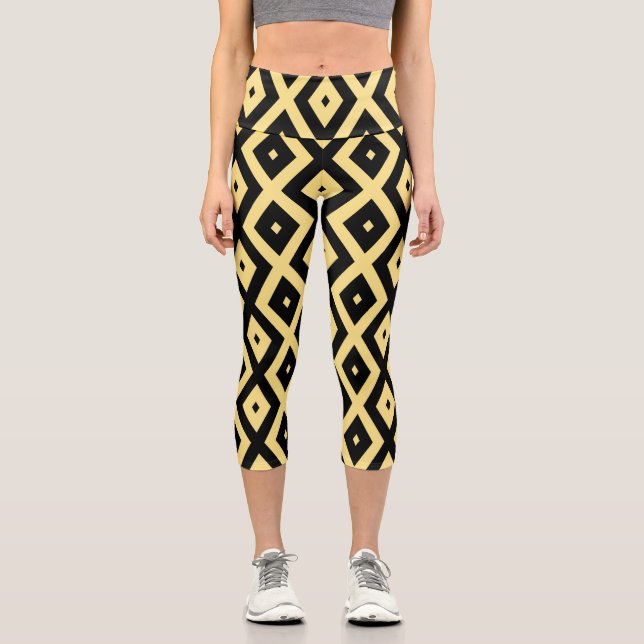Leggings Capri Patrón de diamante amarillo limón y negro (Anverso)