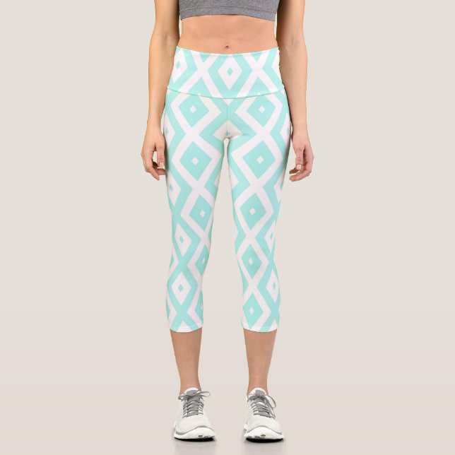 Leggings Capri Patrón de diamante blanco y turquesa (Anverso)