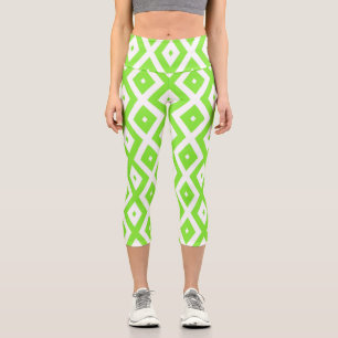Leggings Capri Patrón de diamante blanco y verde limón