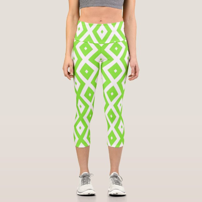 Leggings Capri Patrón de diamante blanco y verde limón (Anverso)