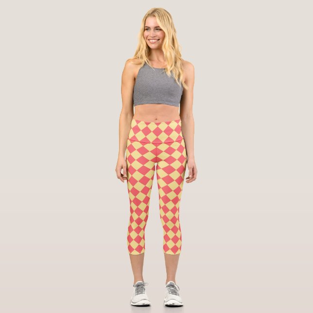 Leggings Capri Patrón de diamante Coral Yellow Checker (Anverso)