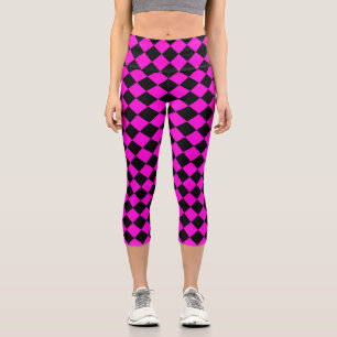 Leggings Capri Patrón de diamante de cheques negros rosados