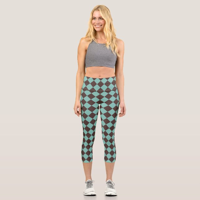 Leggings Capri Patrón de diamante de cuadros marrón turquesa (Anverso)
