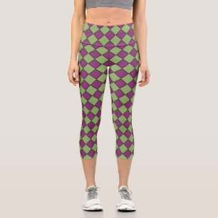 Leggings Capri Patrón de diamante de cuadros púrpura verde