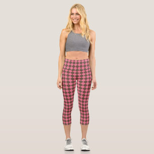 Leggings Capri Patrón de diamante de cuadros rosa marrón