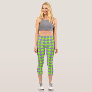 Leggings Capri Patrón de diamante de cuadros verdes y morados