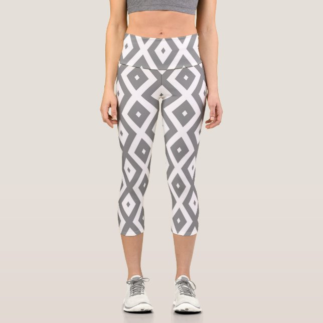 Leggings Capri Patrón de diamante gris y blanco (Anverso)