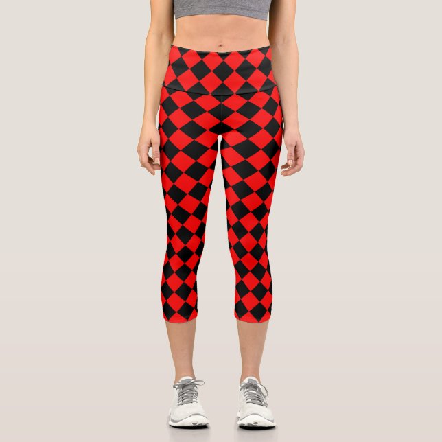 Leggings Capri Patrón de diamante negro rojo (Anverso)