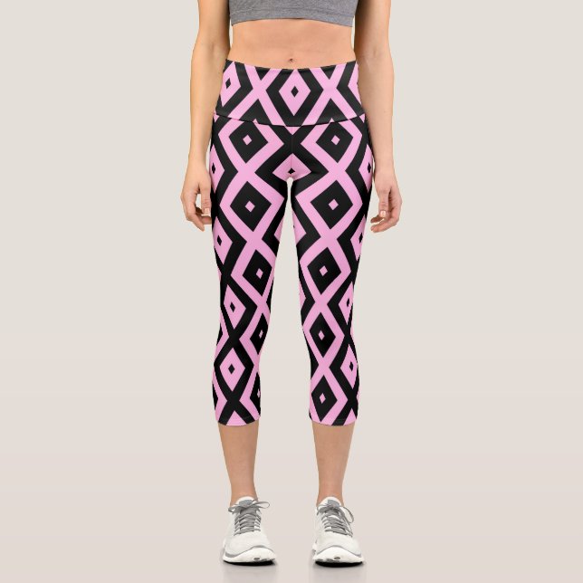 Leggings Capri Patrón de diamante rosa pálido y negro (Anverso)