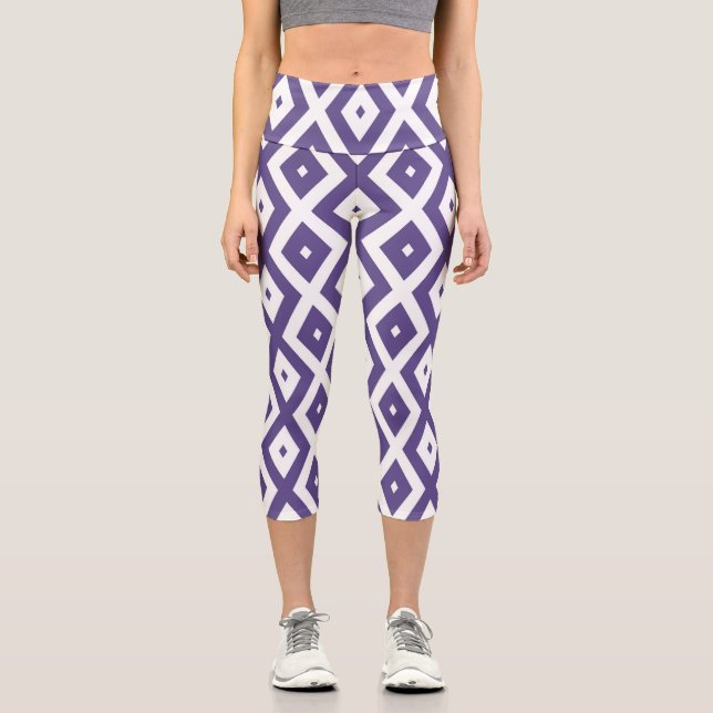Leggings Capri Patrón de diamante ultravioleta y blanco (Anverso)