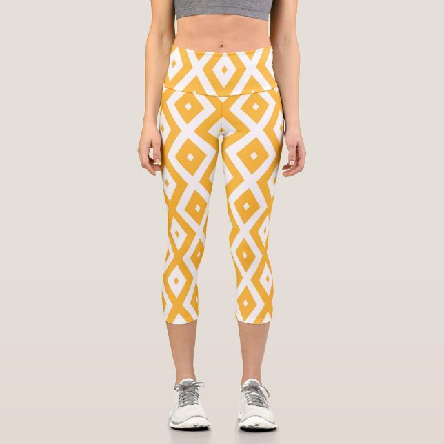 Leggings Capri Patrón de diamantes amarillo y blanco soleado (Anverso)