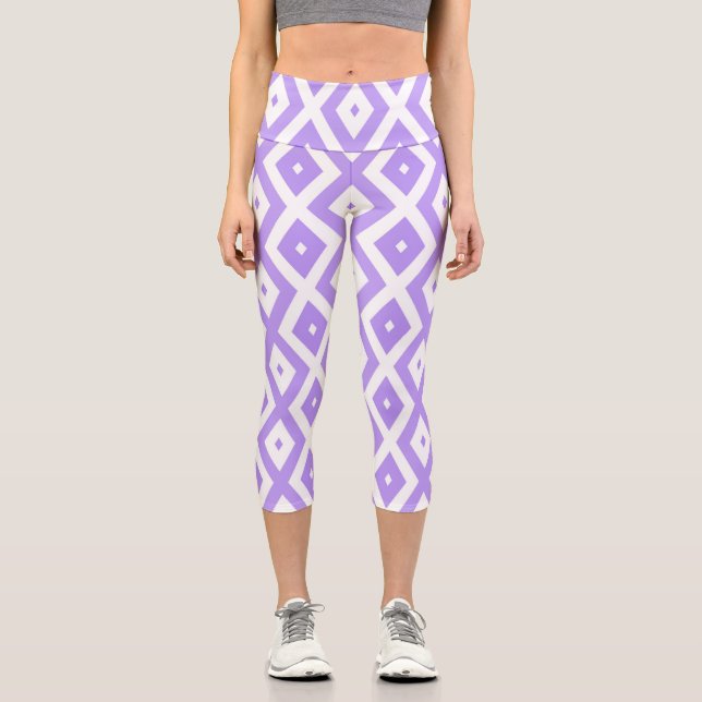 Leggings Capri Patrón de diamantes morado y blanco (Anverso)
