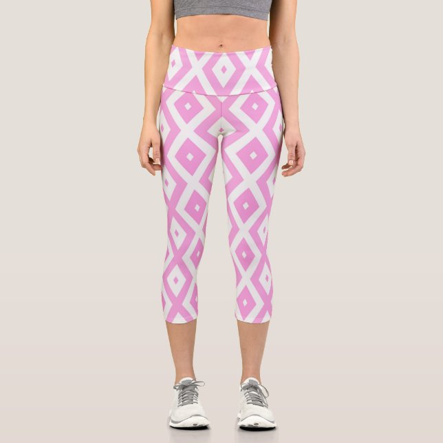 Leggings Capri Patrón de diamantes rosa y blanco (Anverso)