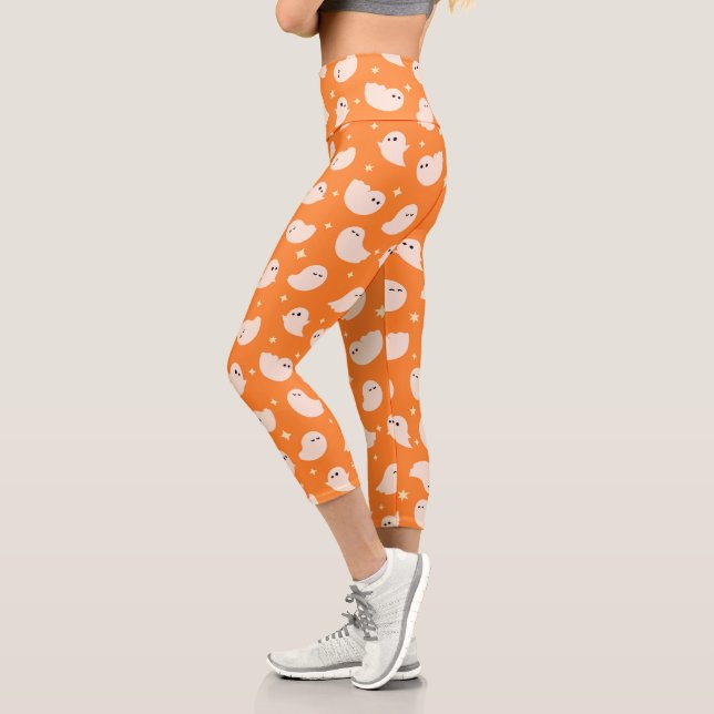 Leggings Capri Patrón de dibujo del fantasma del naranja (Izquierda)