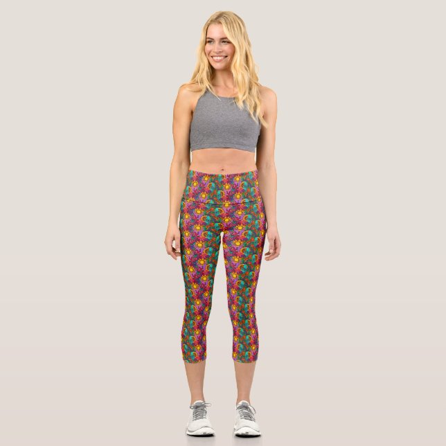 Leggings Capri Patrón de diversión con flores y manos (Anverso)