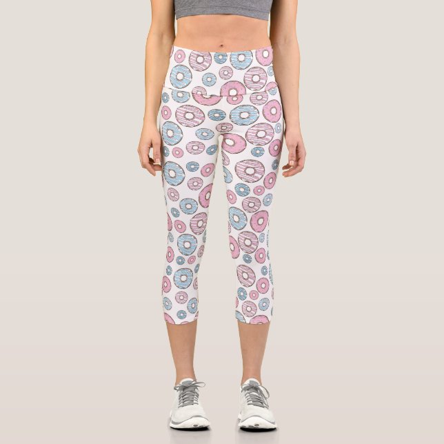 Leggings Capri Patrón De Donuts, Donuts Rosados, Donuts Azules (Anverso)