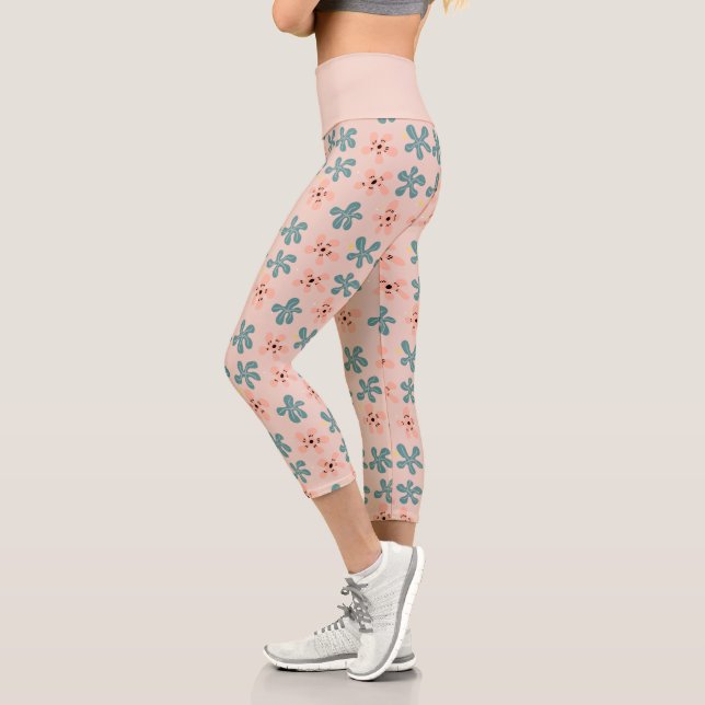 Leggings Capri Patrón de Doodle de Flores Florales Rosa Cute (Izquierda)